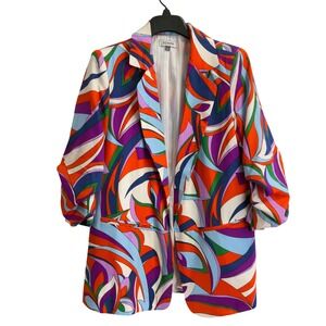 SJ Style Womens Abstract Swirl Print Ruched 3/4 Sleeve Blazer Multi Color Large